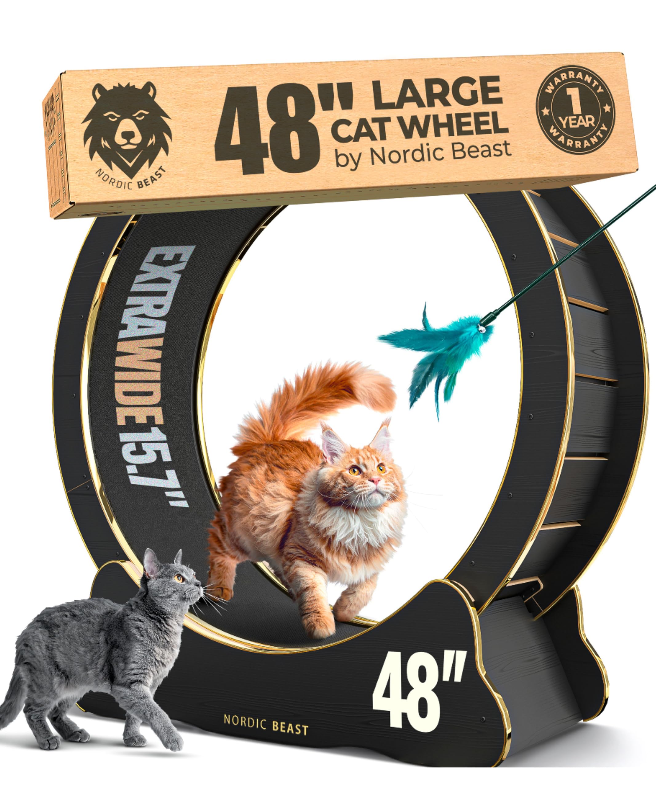 Nordic Beast Gold 48'' cat wheel overview showing spacious design for large cats to stretch.