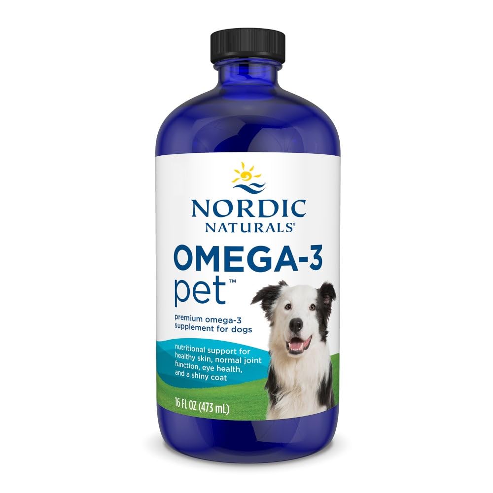Nordic Naturals Omega-3 Pet 16oz bottle promotes heart and immune support for dogs.