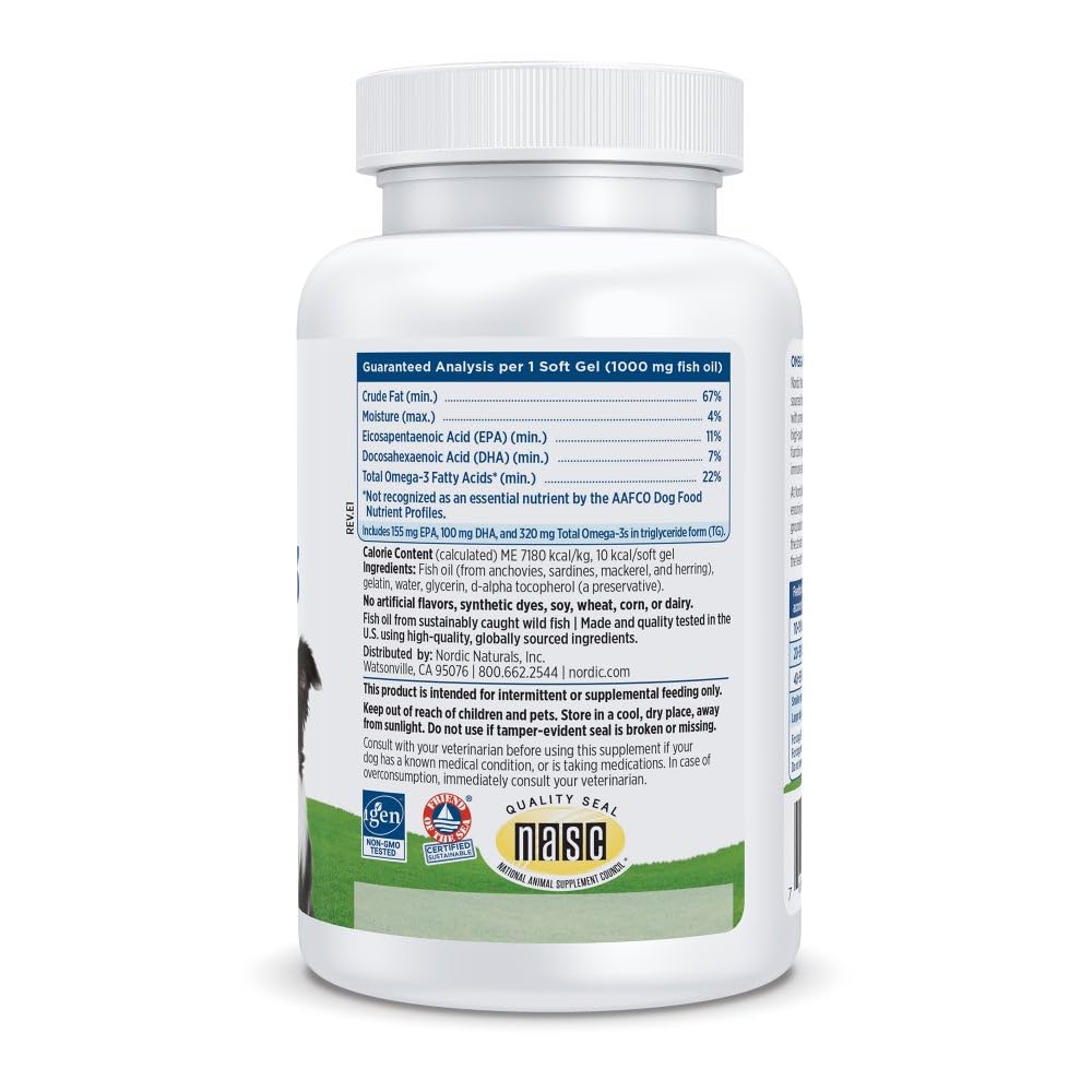 Nordic Naturals Omega-3 Pet bottle side highlights purity and non-GMO ingredients.