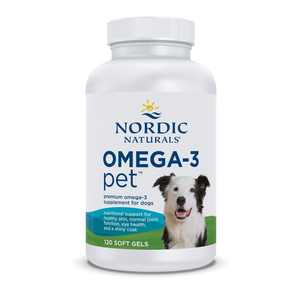 Nordic Naturals Omega-3 Pet bottle close-up highlighting purity for heart and coat health