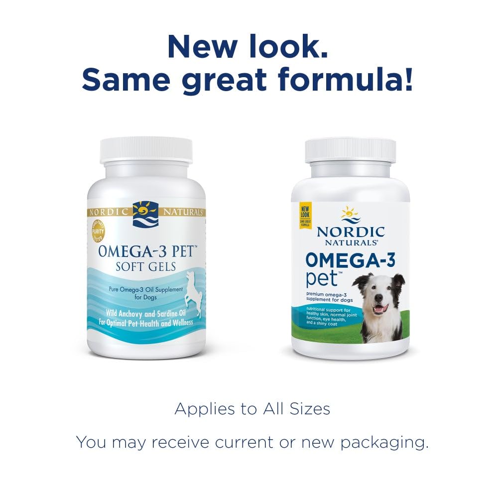 Nordic Naturals Omega-3 Pet dog sniffing bottle suggests convenient daily use.