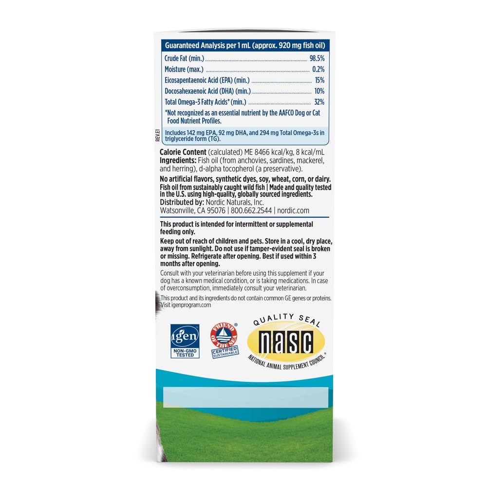Nordic Naturals Omega-3 Pet dropper dispensing oil for easy supplementation.