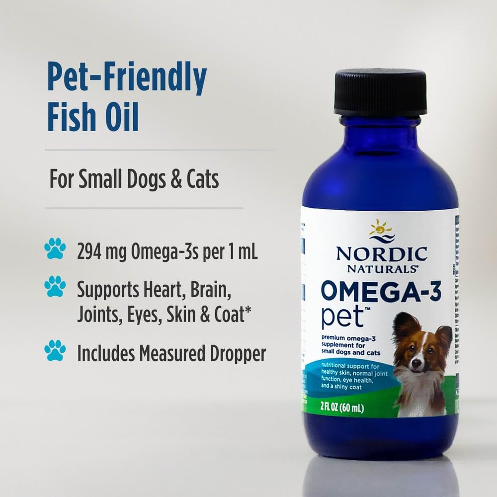 Nordic Naturals Omega-3 Pet bottle beside heart-health graphics for EPA/DHA.