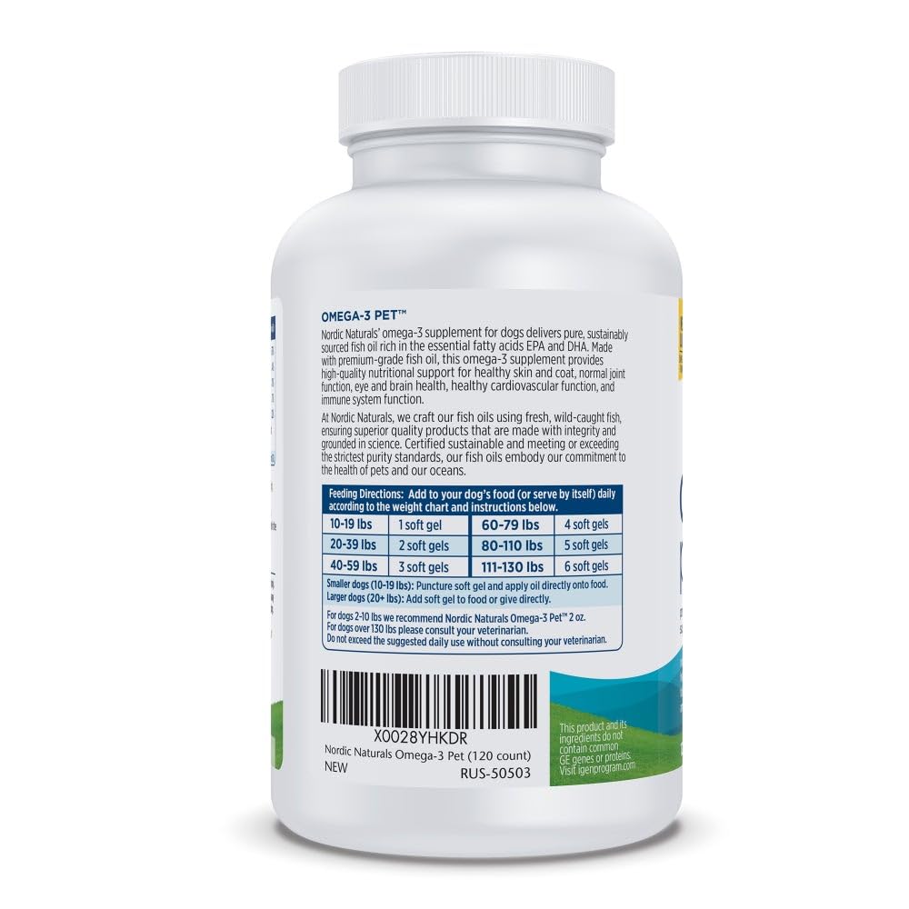 Nordic Naturals Omega-3 Pet label close-up showing purity and non-GMO ingredients