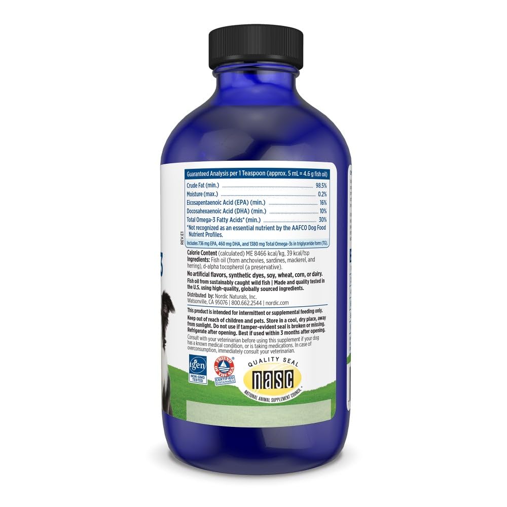 Nordic Naturals Omega-3 Pet pour shows liquid being added to dog food