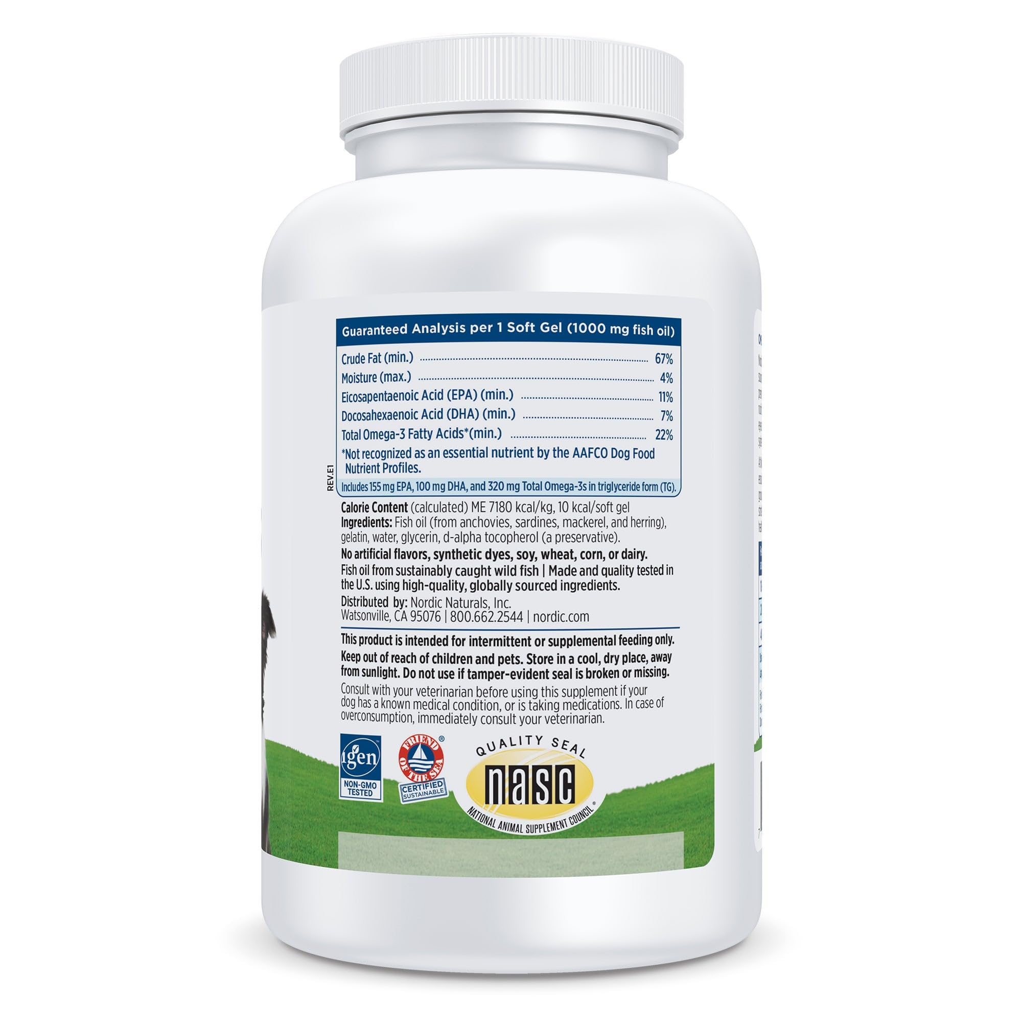 Nordic Naturals Omega-3 Pet softgel closeup highlighting 320 mg omega-3 per gel