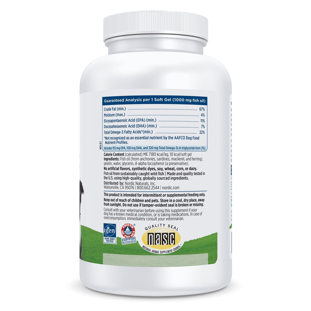 Nordic Naturals Omega-3 Pet softgel closeup highlighting 320 mg omega-3 per gel