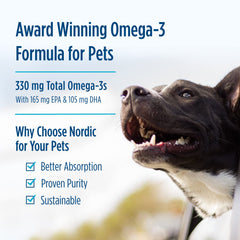 Nordic Naturals Omega-3 Pet softgel closeup shows triglyceride form benefits.