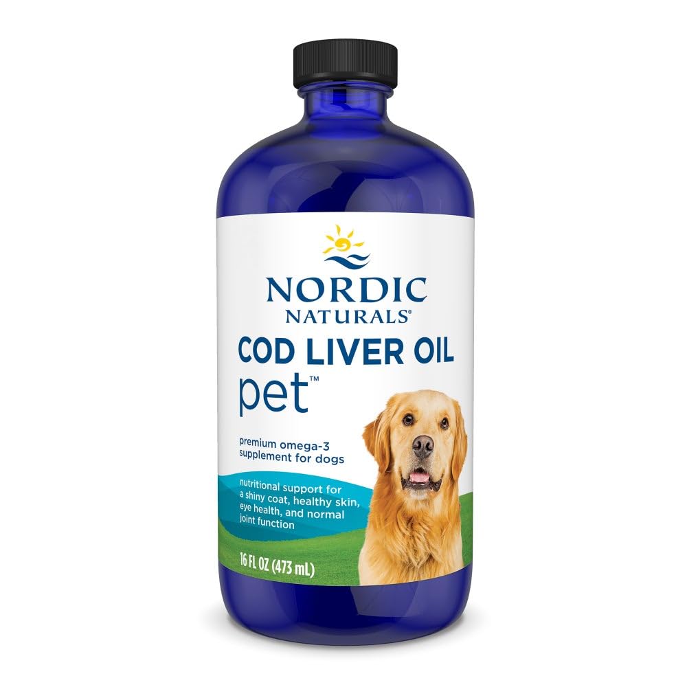 Nordic Naturals Pet Cod Liver Oil bottle on countertop promoting healthy skin and coat