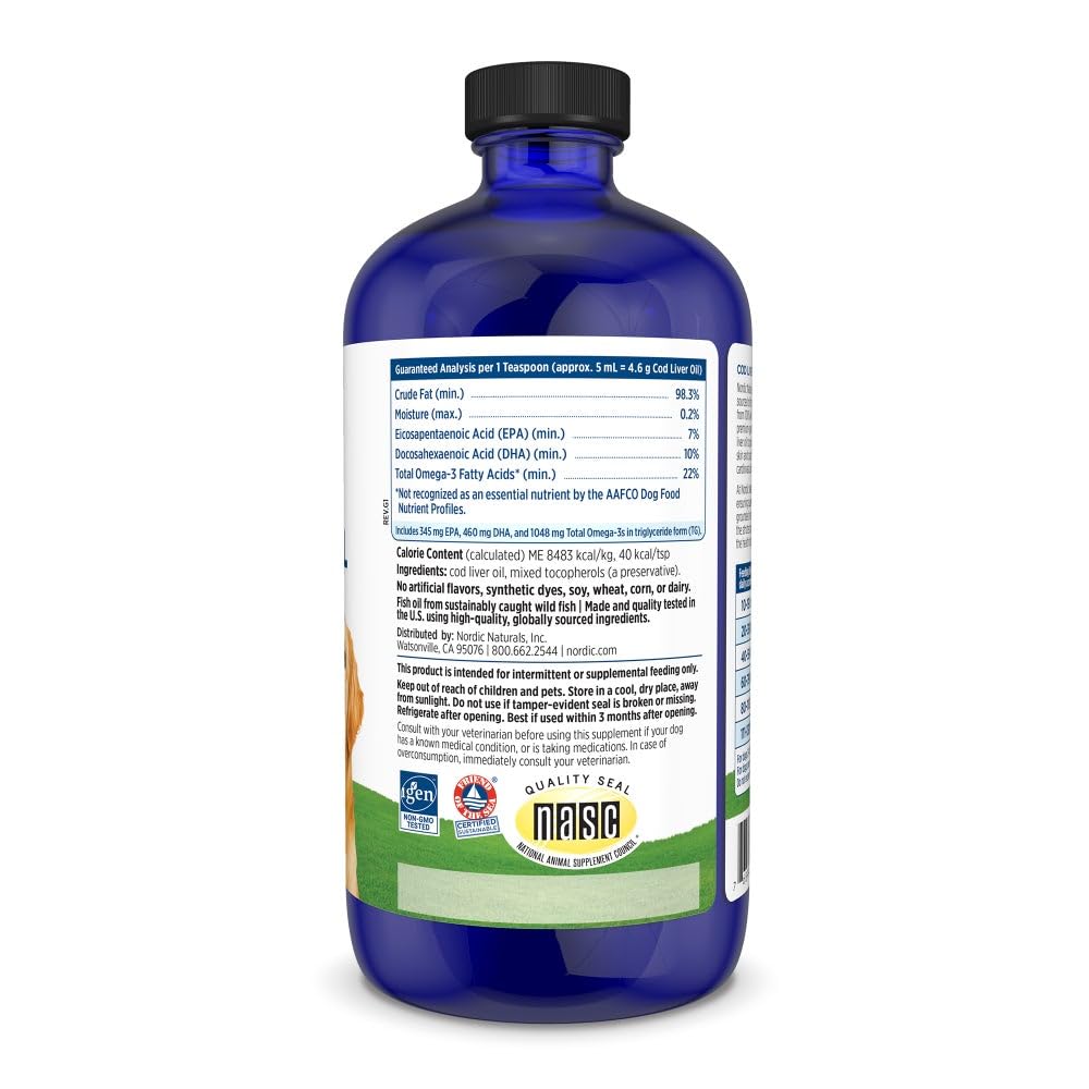 Nordic Naturals Pet Cod Liver Oil poured over dog food for omega-3 support