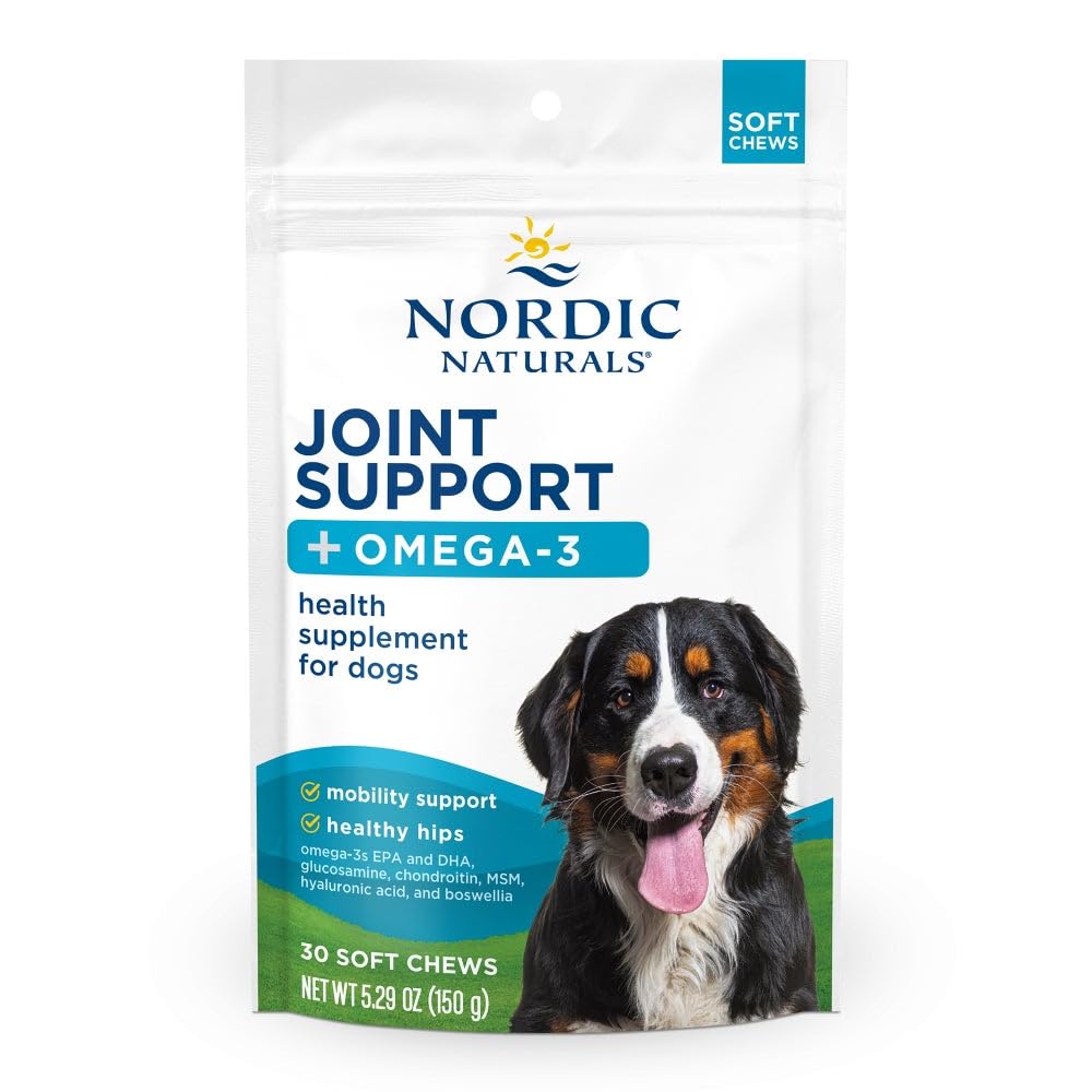 Nordic Naturals Pet Joint Soft Chews pork bone broth bottle supports dog mobility and daily wellness