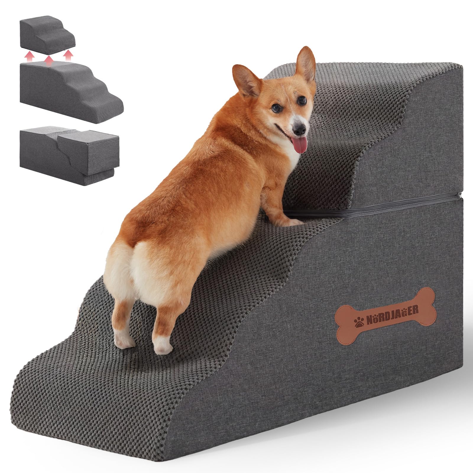 Nordjager 5-step spliceable pet stairs assembled for easy high-bed access for small pets.