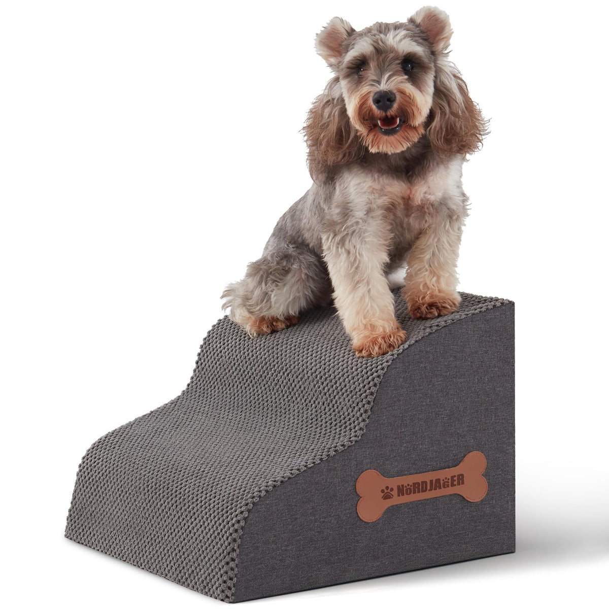 Nordjager dog stairs 2-steps grey side view aids sofa access and joint comfort.