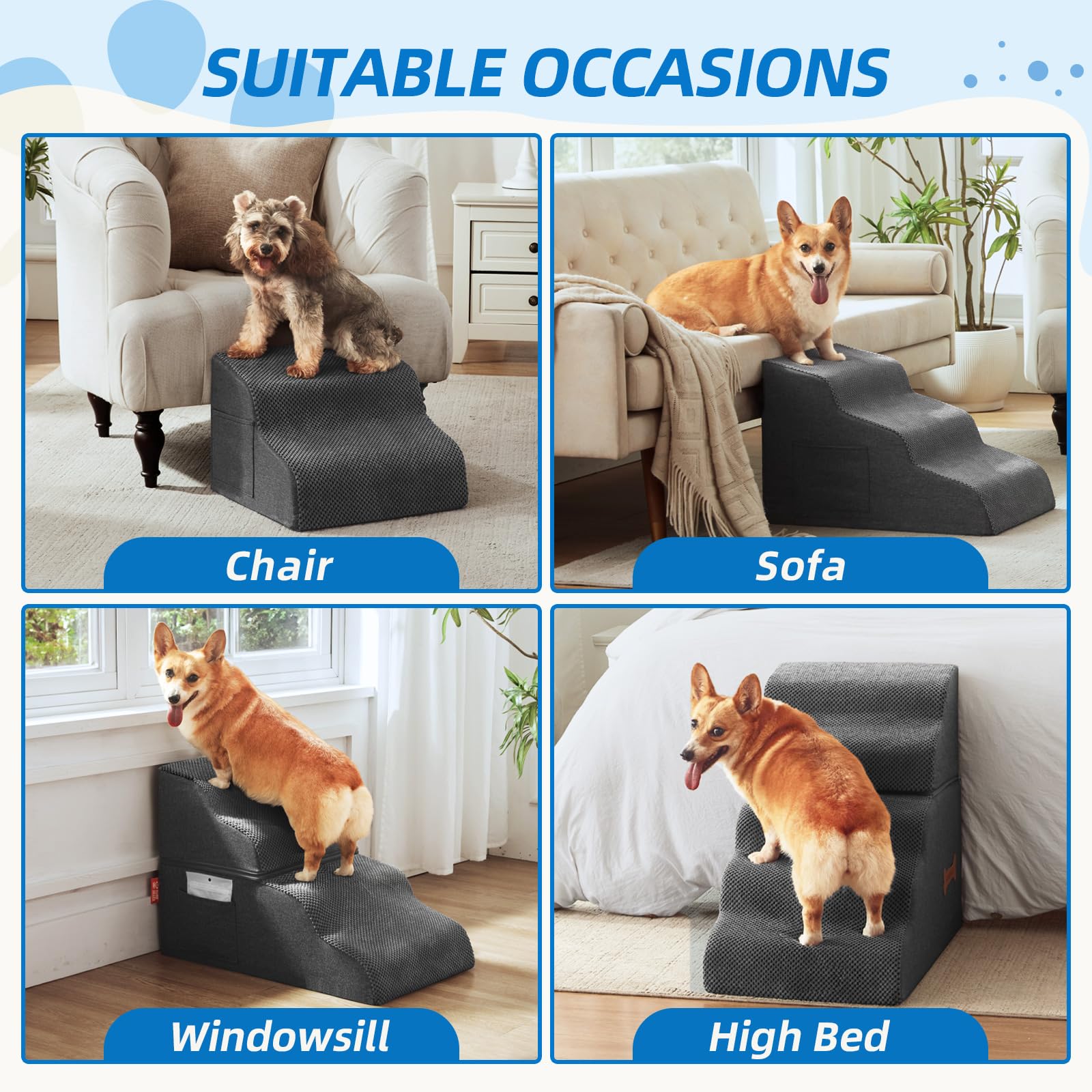 Nordjager dog stairs cover shows side pocket for treats and accessories.