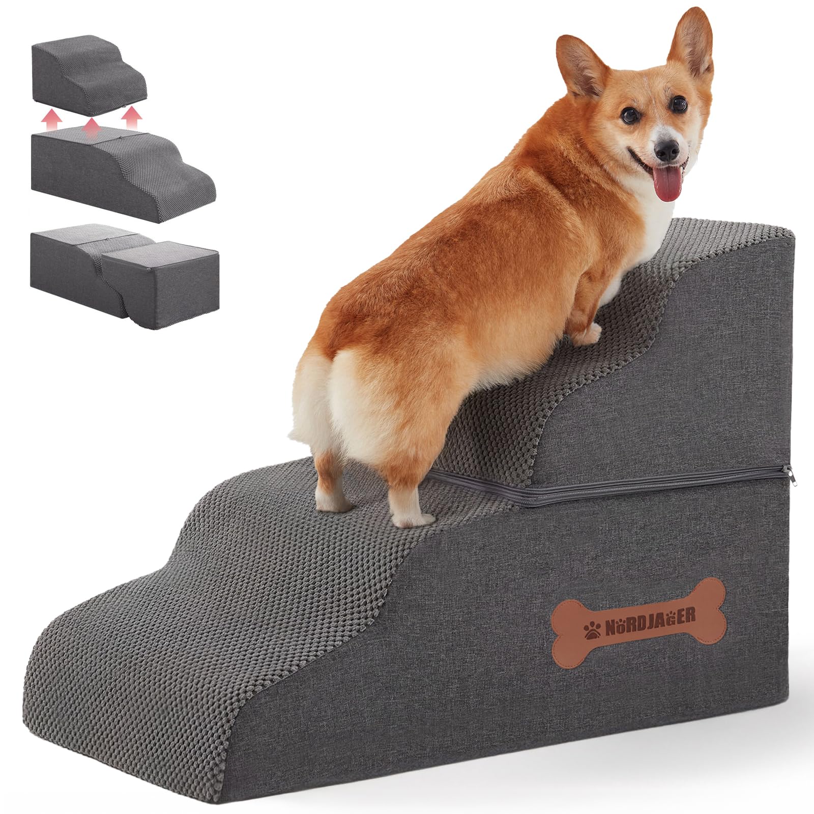Nordjager dog-stairs-assembled-grey image shows four-step ramp aiding small dogs to bed.
