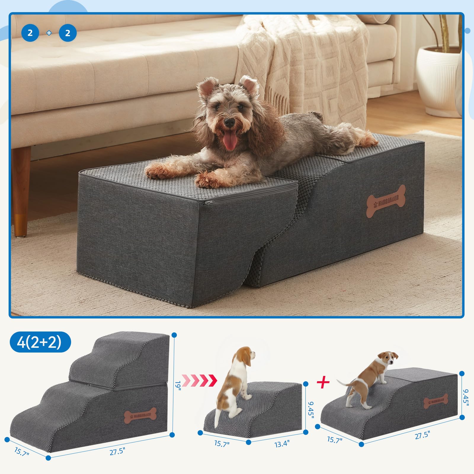 Nordjager dog-stairs-folded-grey image demonstrates compact, space-saving storage.