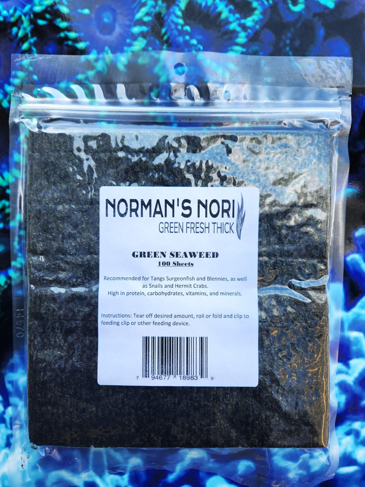 Norman's Nori packaging showing a 100-sheet box for easy aquarium feeding.
