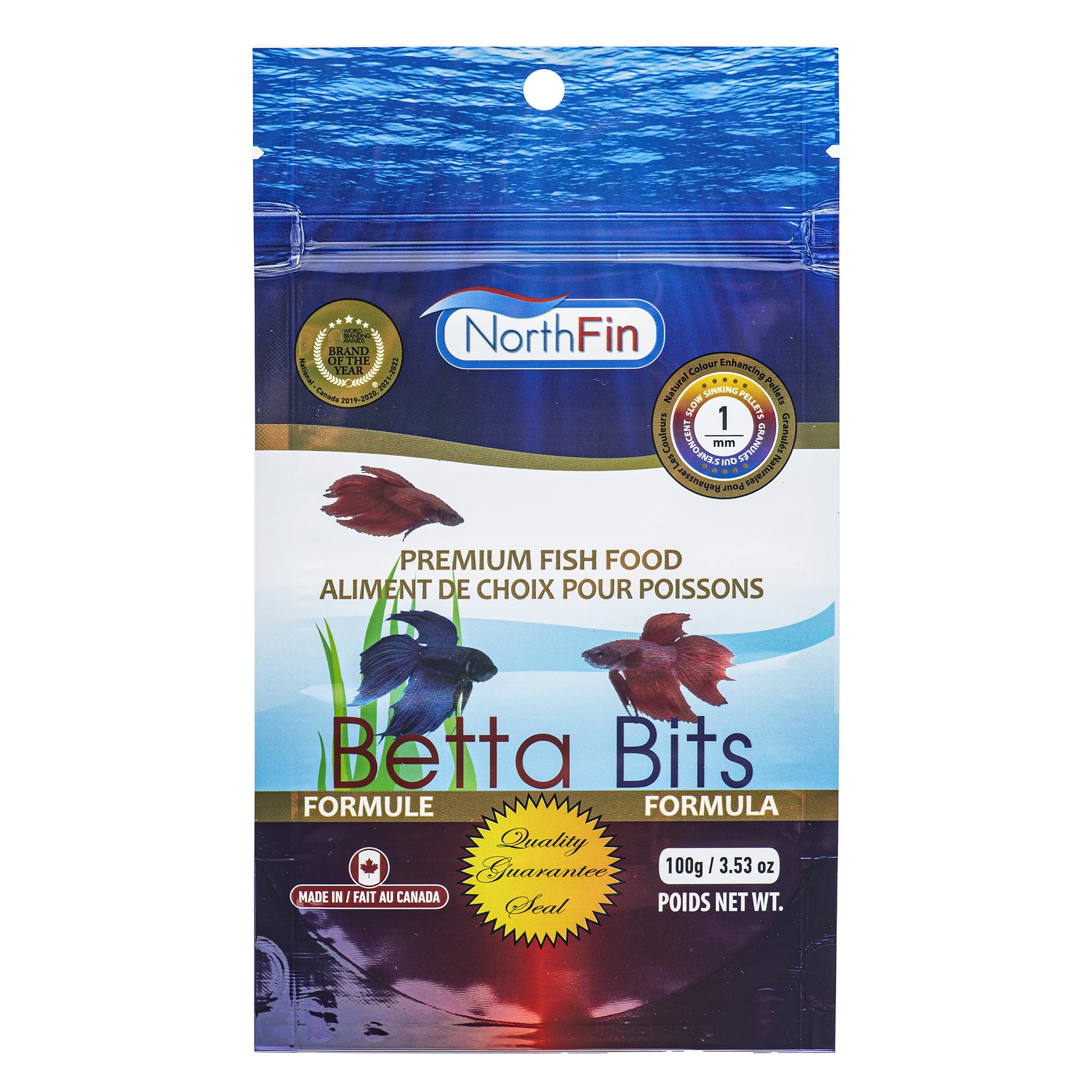 NorthFin Betta Bits bottle close-up highlighting easy-digest pellets for Bettas.