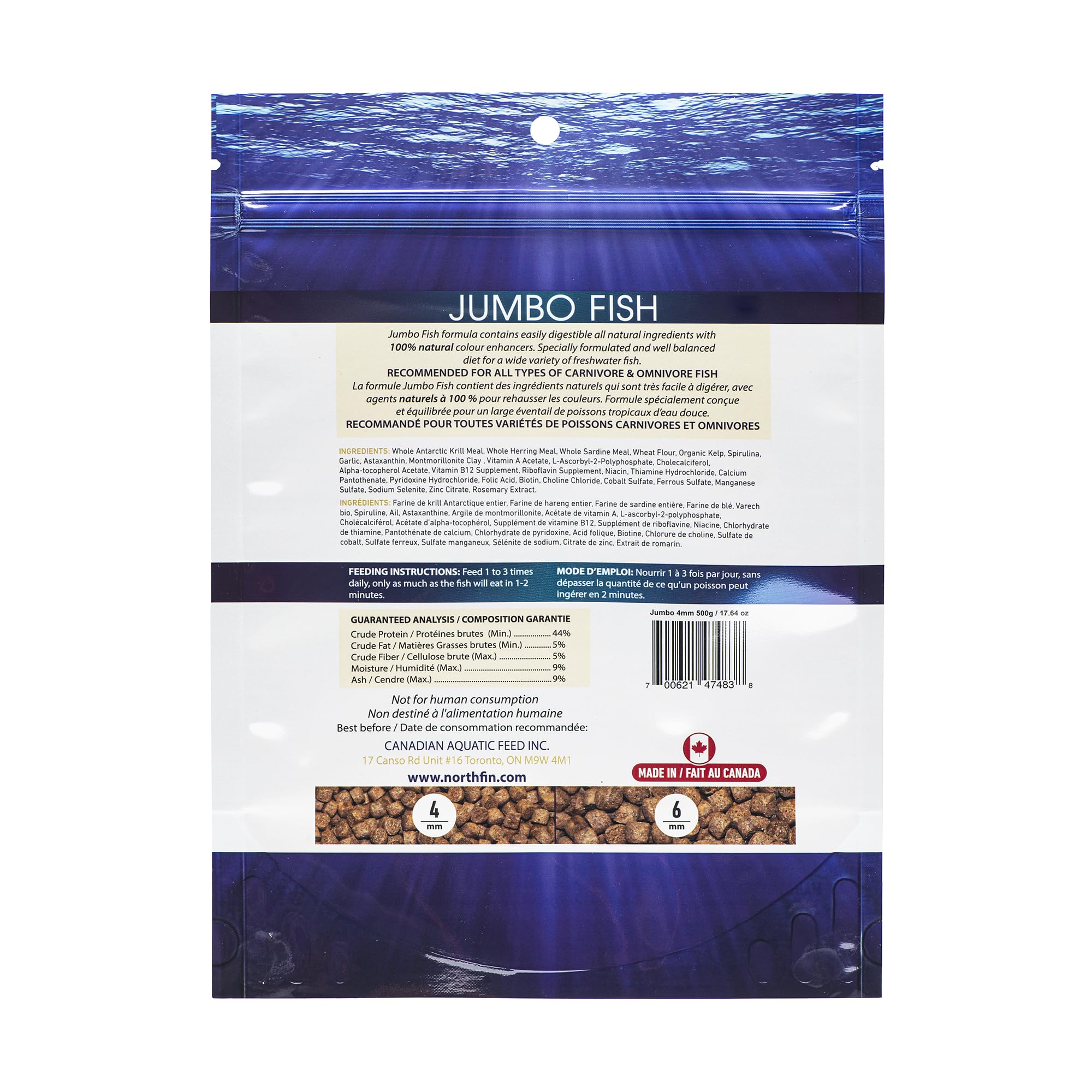 NorthFin Fish Food Jumbo Formula pellets close-up shows 4 mm size for easy feeding.
