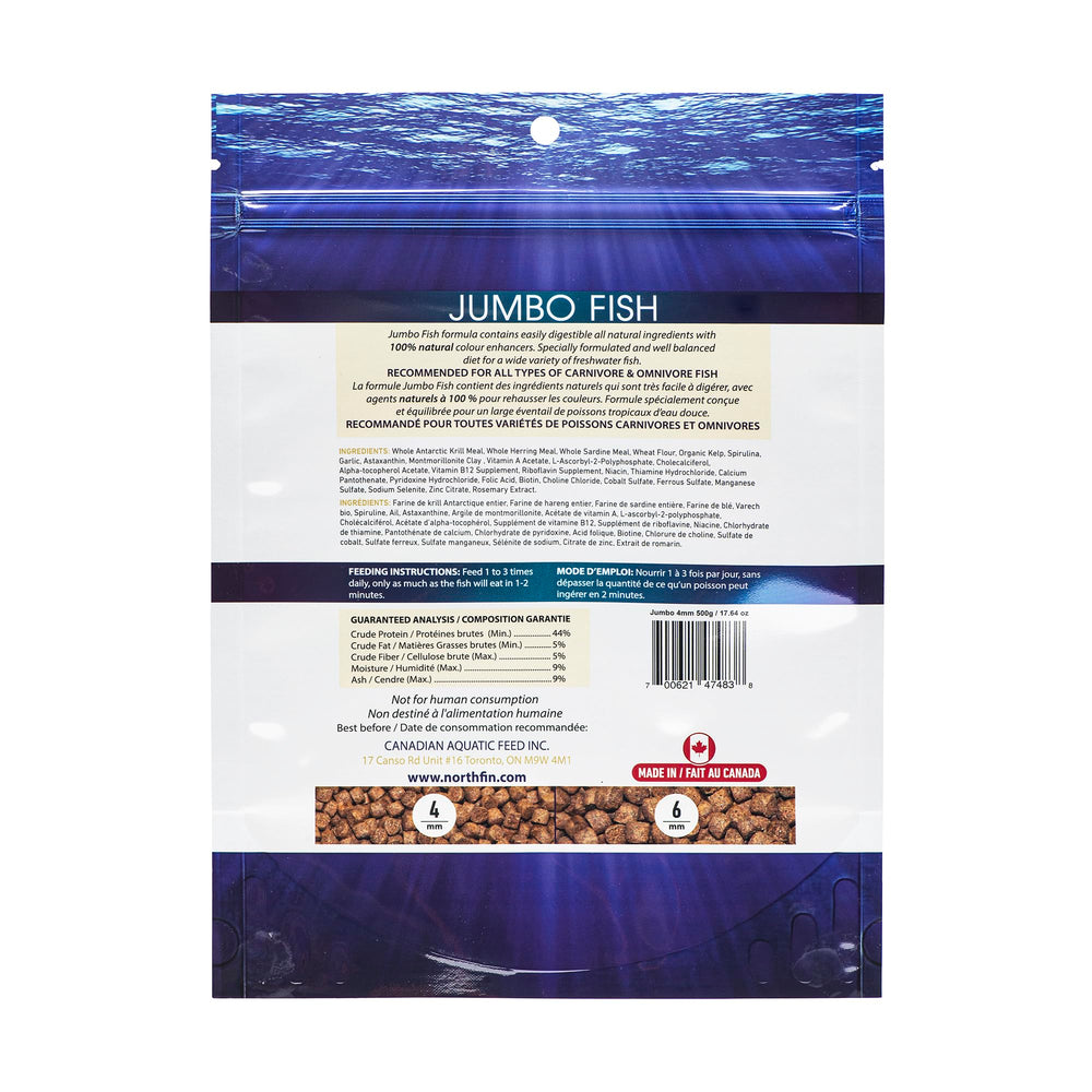 NorthFin Fish Food Jumbo Formula pellets close-up shows 4 mm size for easy feeding.