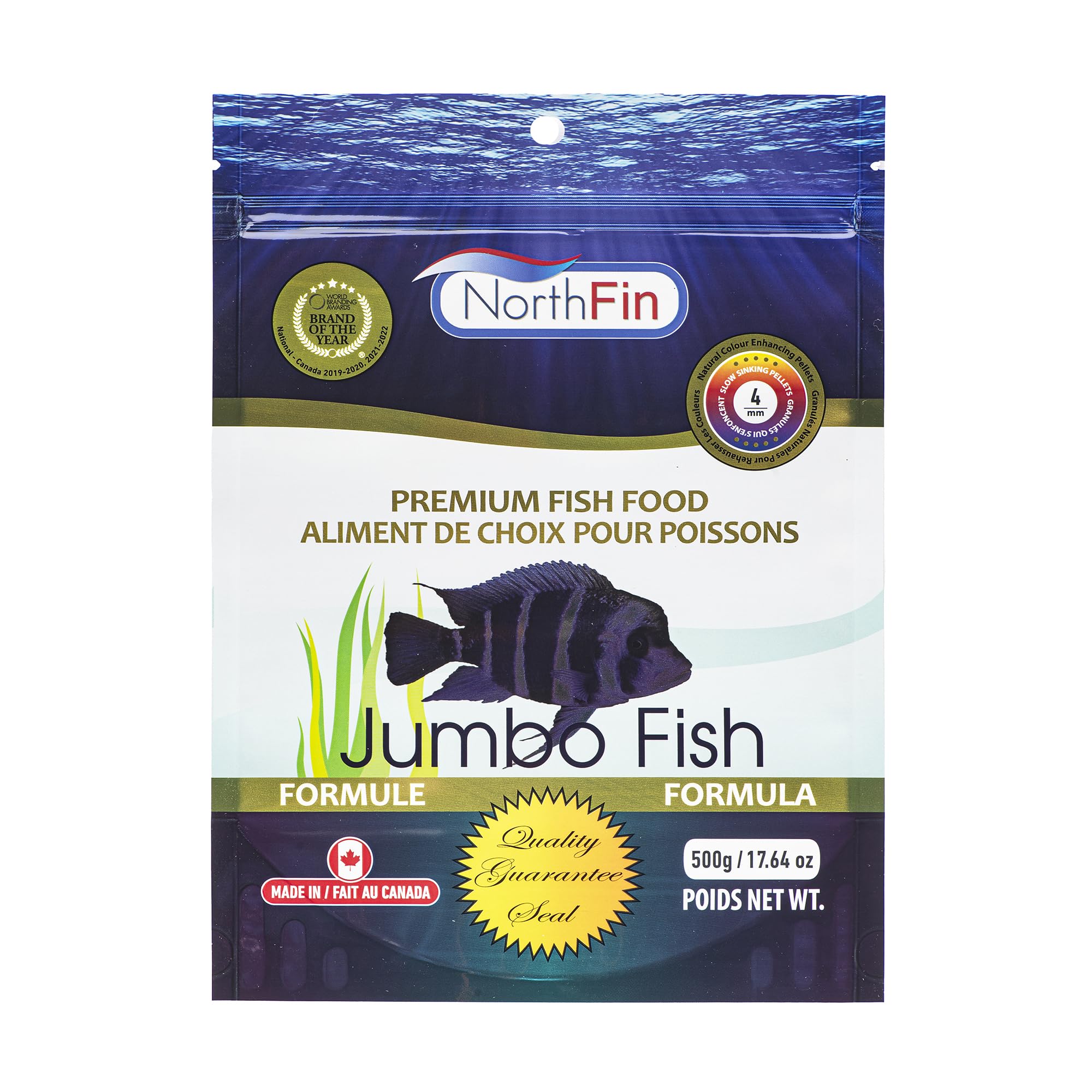 NorthFin Fish Food Jumbo Formula packaging displays slow-sinking pellets for balanced nutrition in large freshwater fish.