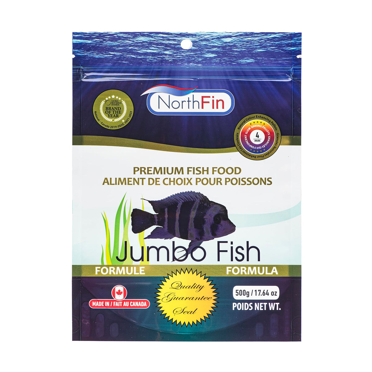 NorthFin Fish Food Jumbo Formula packaging displays slow-sinking pellets for balanced nutrition in large freshwater fish.