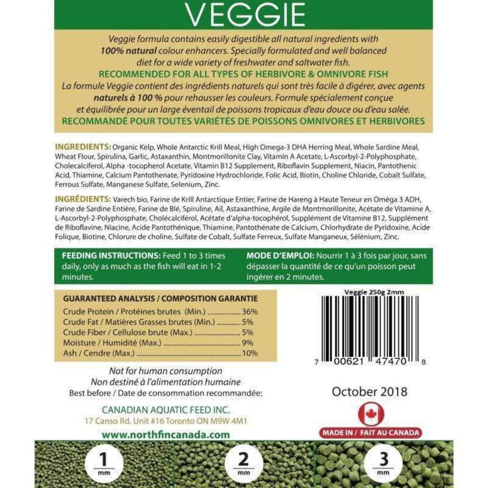 Northfin Veggie Fish Food color-vibrance pellets showcase astaxanthin for natural color in herbivores.