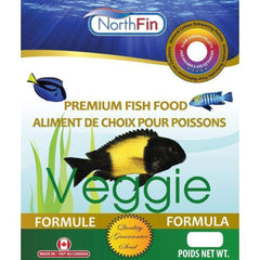 Northfin Veggie Fish Food ingredients bowl highlights organic kelp and spirulina for balanced nutrition.