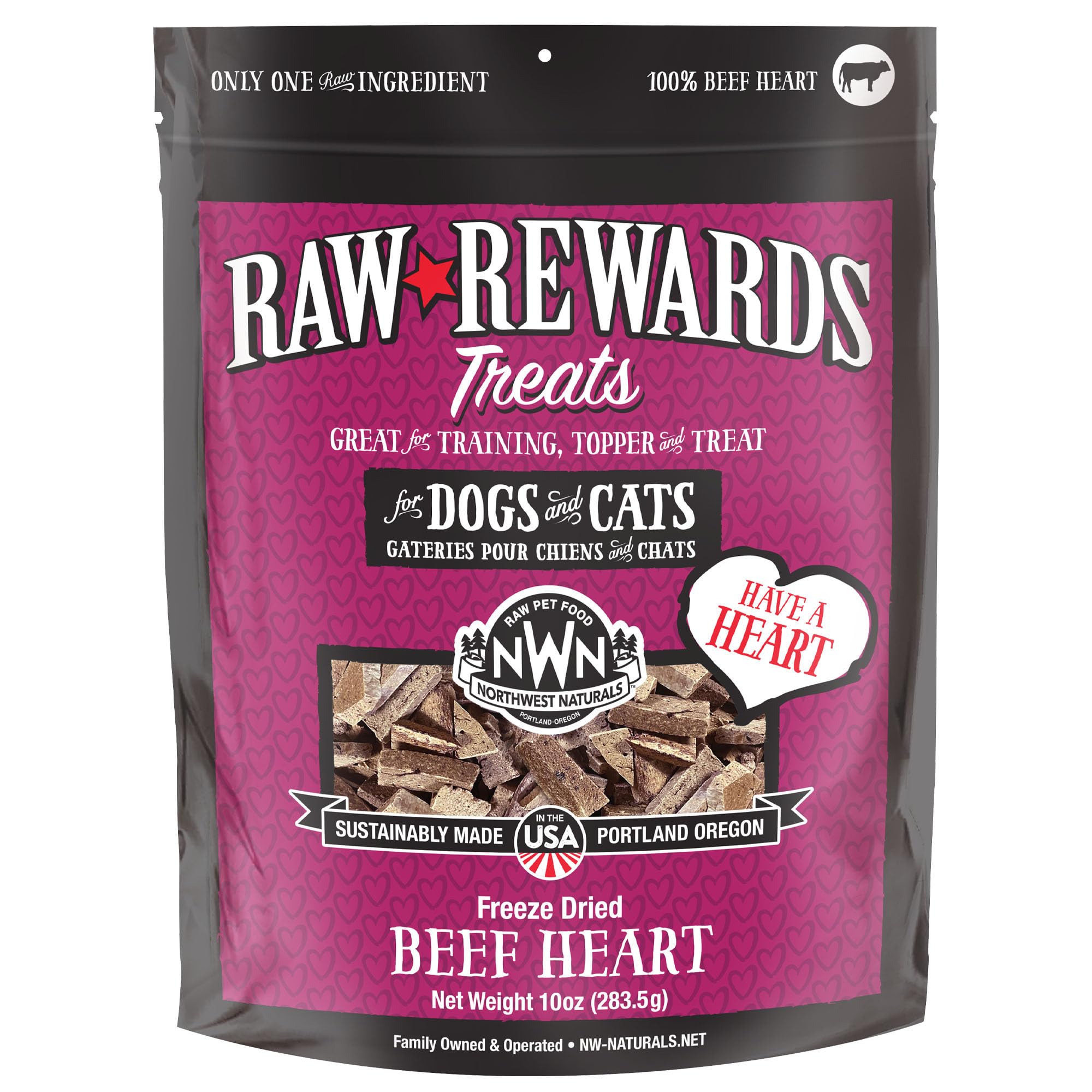 Northwest Naturals Beef Heart Treats packaging highlights USA-made, human-grade quality for dogs and cats.
