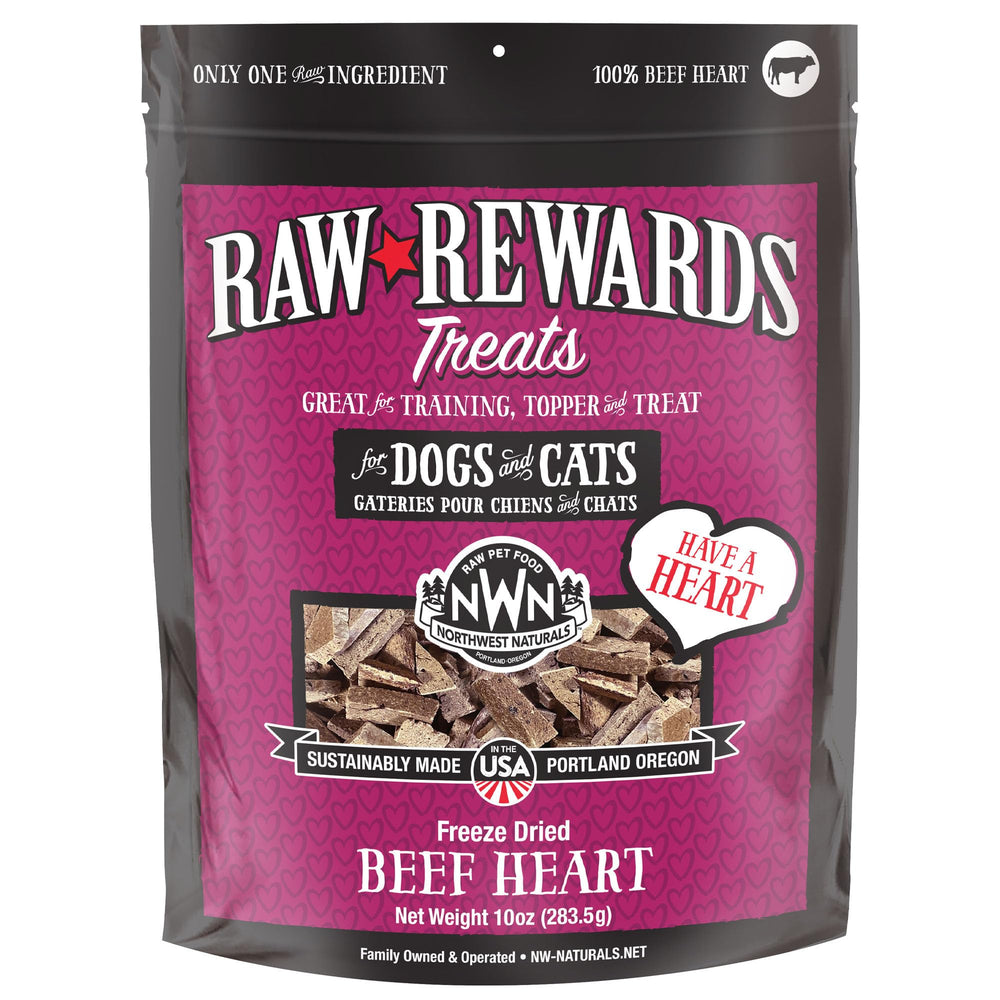 Northwest Naturals Beef Heart Treats packaging highlights USA-made, human-grade quality for dogs and cats.