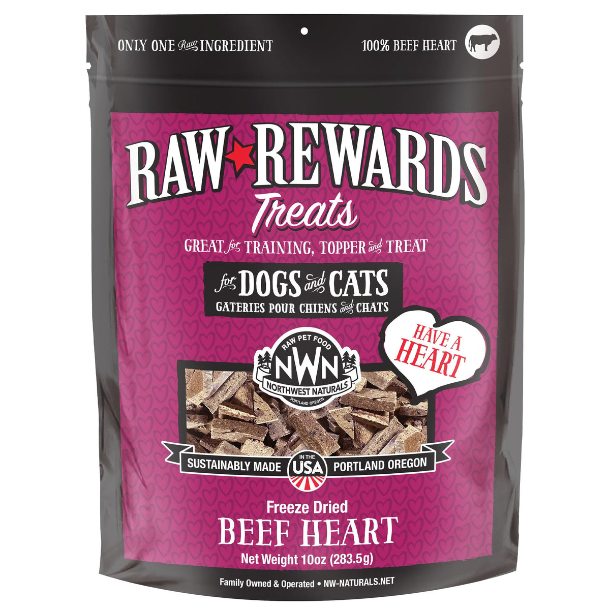 Northwest Naturals Beef Heart Treats packaging highlights USA-made, human-grade quality for dogs and cats.