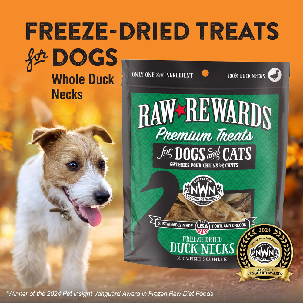 Closeup of Northwest Naturals duck neck treats showing freeze-dried neck pieces for training rewards.