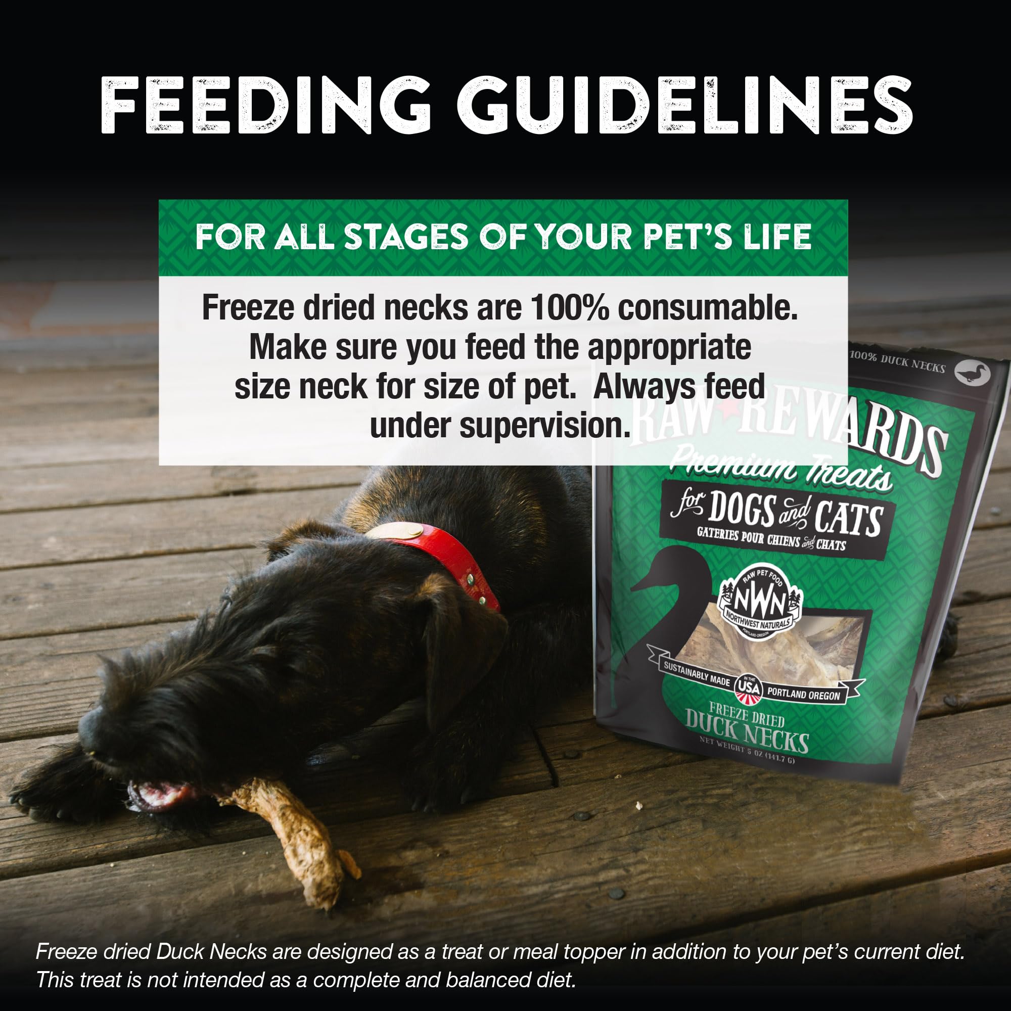 Grain-free single-ingredient duck neck treats label from Northwest Naturals highlighting quality.