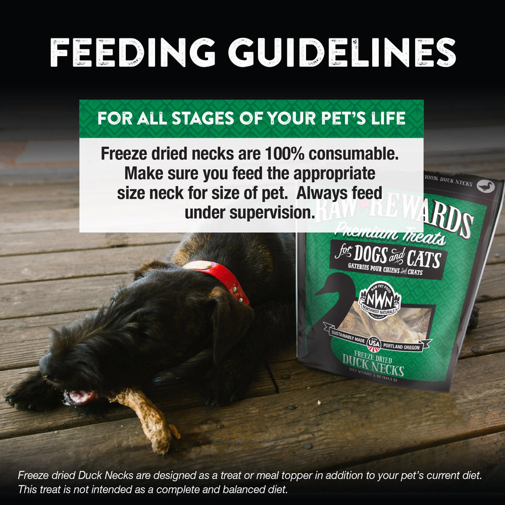 Grain-free single-ingredient duck neck treats label from Northwest Naturals highlighting quality.