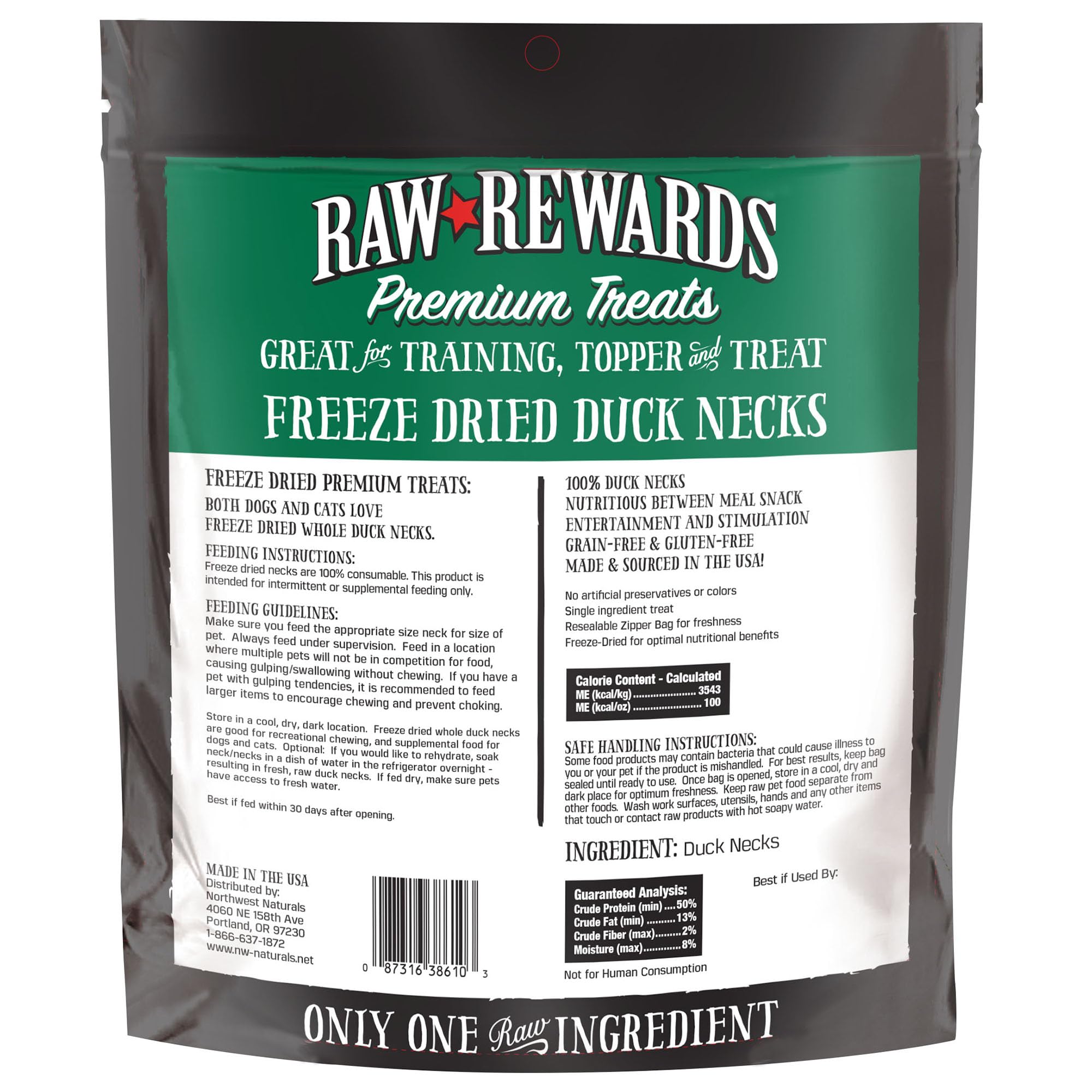 Travel-friendly packaging of Northwest Naturals freeze-dried duck necks ready for outings.