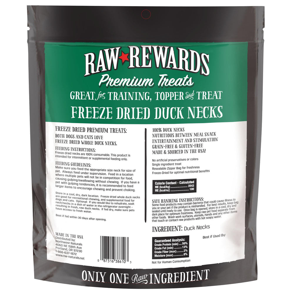 Travel-friendly packaging of Northwest Naturals freeze-dried duck necks ready for outings.