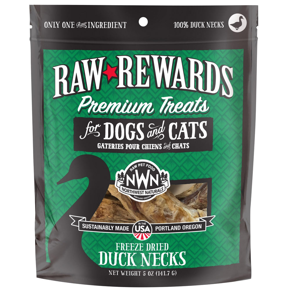 Northwest Naturals Raw Rewards duck neck treats, whole neck in a 5oz package for travel convenience.