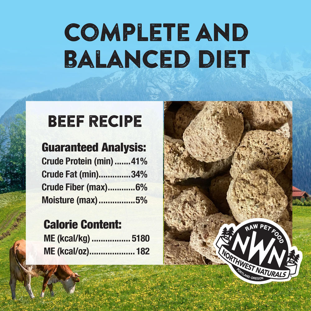 Northwest Naturals raw-diet ingredients visual hint promotes balanced nutrition for dogs.