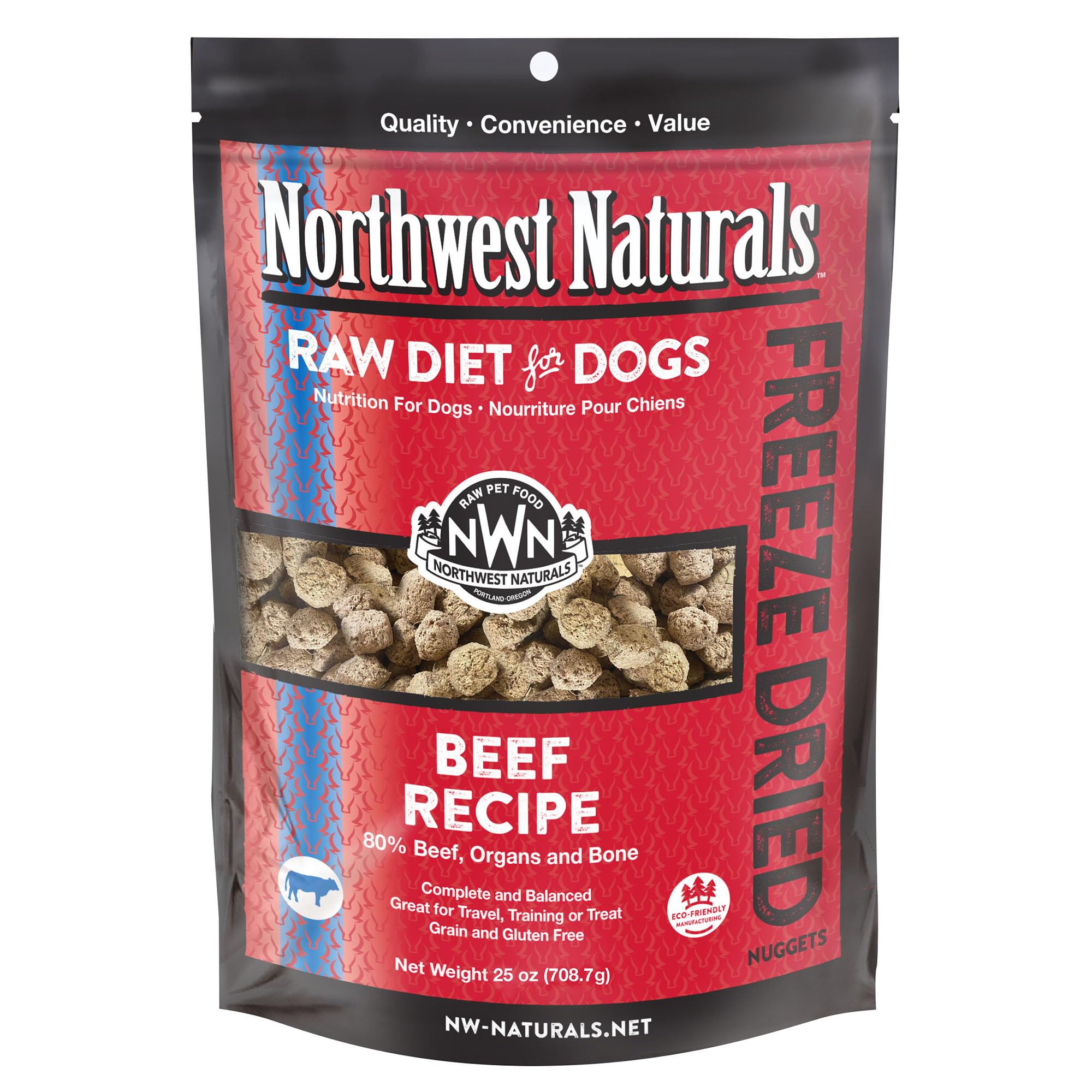 Northwest Naturals freeze-dried beef dog food nuggets ready for mealtime, supporting active dogs with protein.