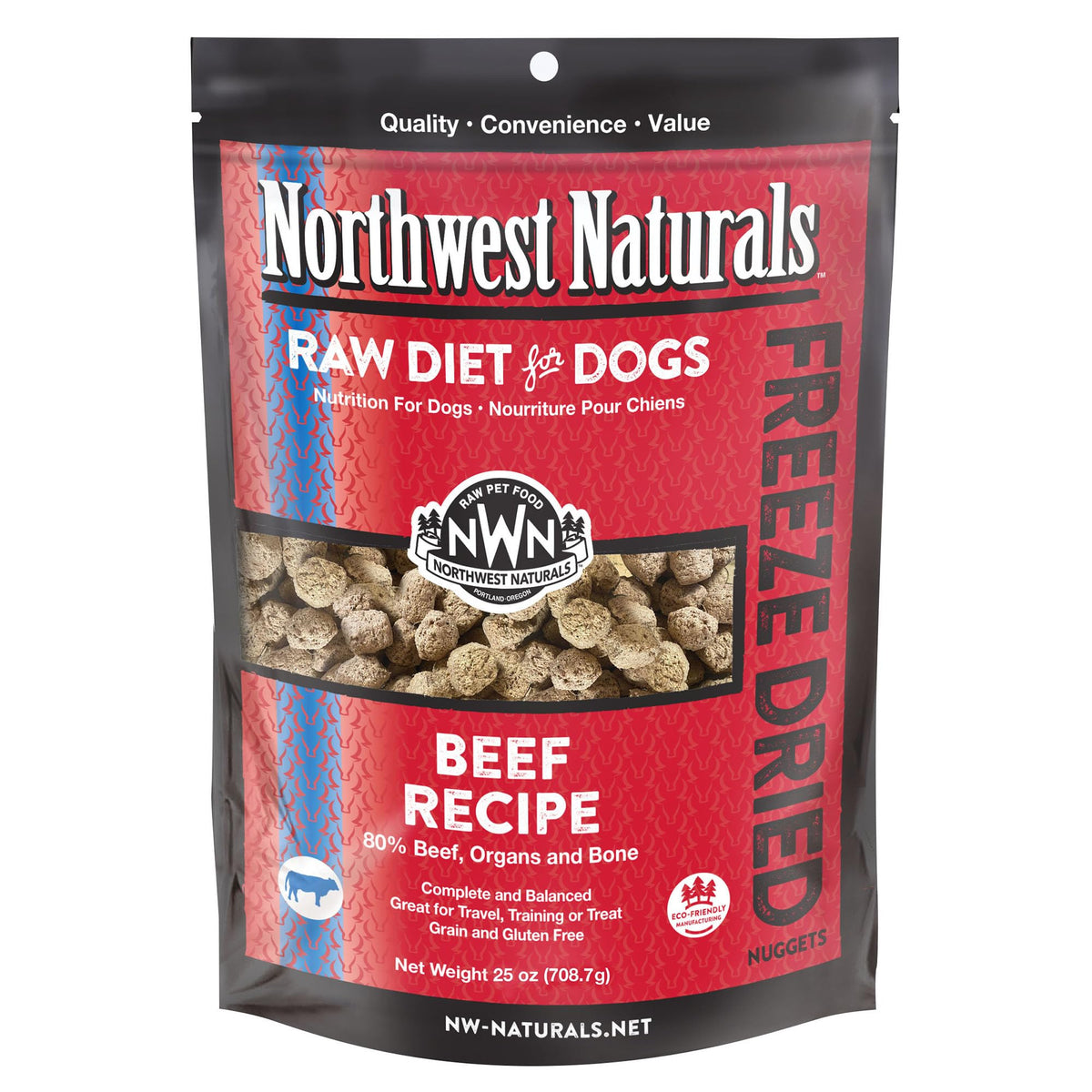 Northwest Naturals freeze-dried beef dog food nuggets ready for mealtime, supporting active dogs with protein.