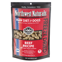 Northwest Naturals freeze-dried beef dog food nuggets ready for mealtime, supporting active dogs with protein.