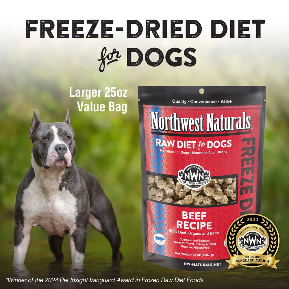 Northwest Naturals freeze-dried beef dog food packaging highlights USA-made premium quality.