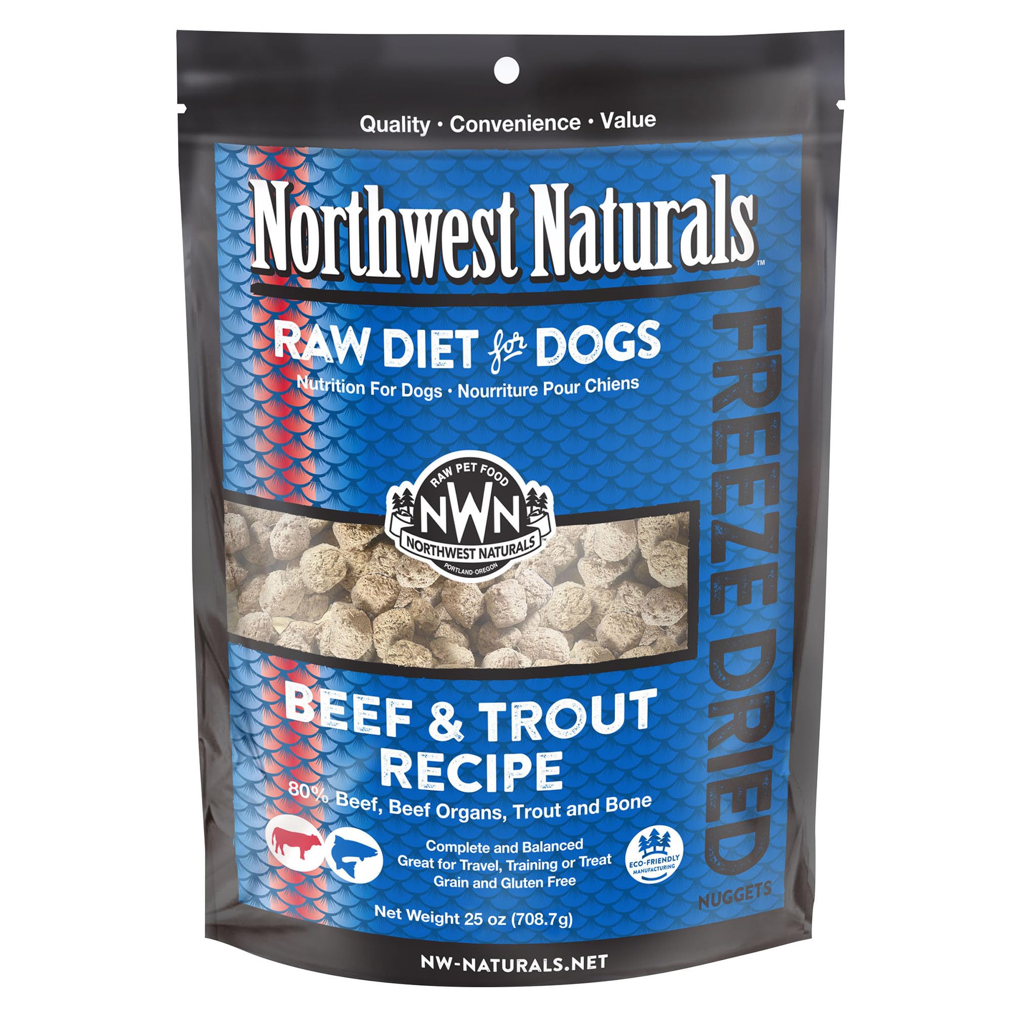 Northwest Naturals freeze-dried beef & trout nuggets package shows grain-free, high-protein dog food