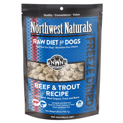 Northwest Naturals freeze-dried beef & trout nuggets package shows grain-free, high-protein dog food