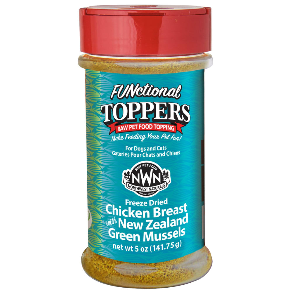 Northwest Naturals freeze-dried chicken-breast with green-lipped-mussels closeup enhances meal appeal for pets.
