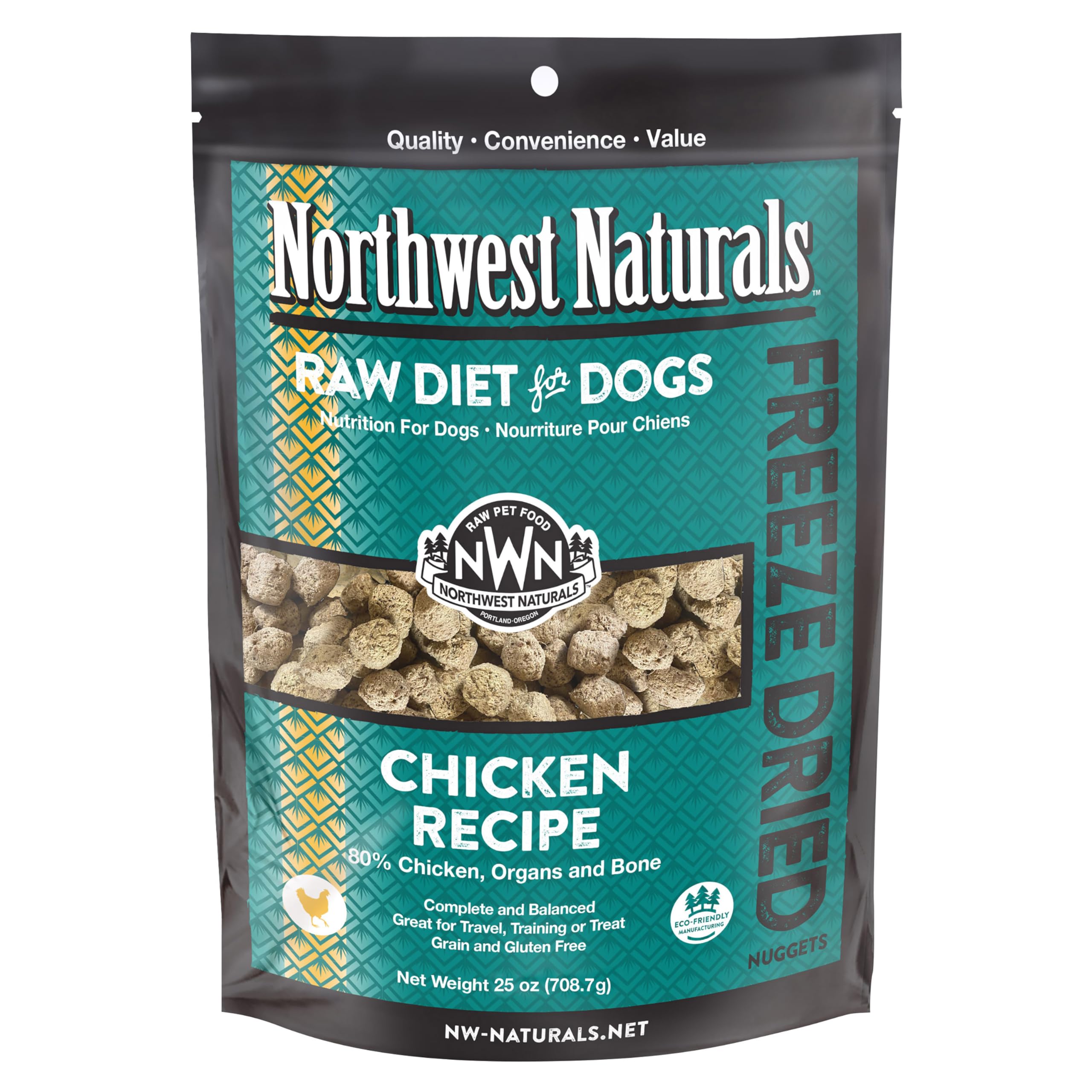 Northwest Naturals freeze-dried chicken dog food packaging shows USA-made quality and safety.