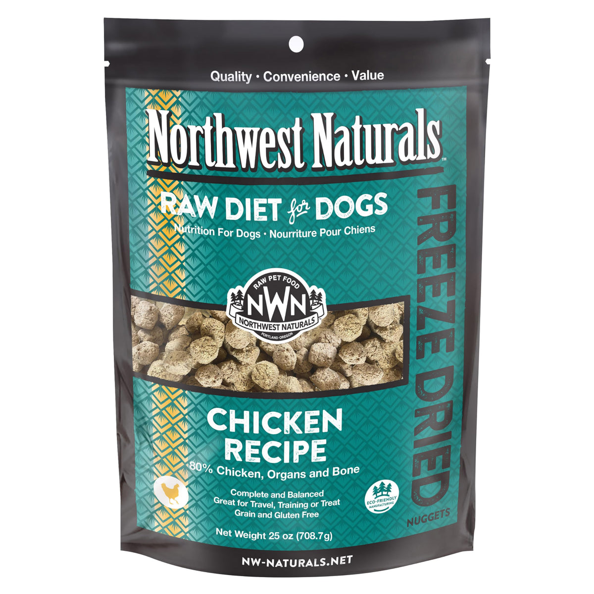 Northwest Naturals freeze-dried chicken dog food packaging shows USA-made quality and safety.