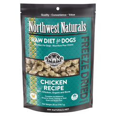 Northwest Naturals freeze-dried chicken dog food packaging shows USA-made quality and safety.