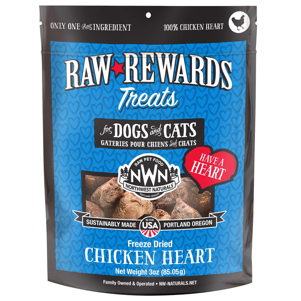 Northwest Naturals freeze-dried chicken heart bites provide a crunchy, protein-rich reward for pets.