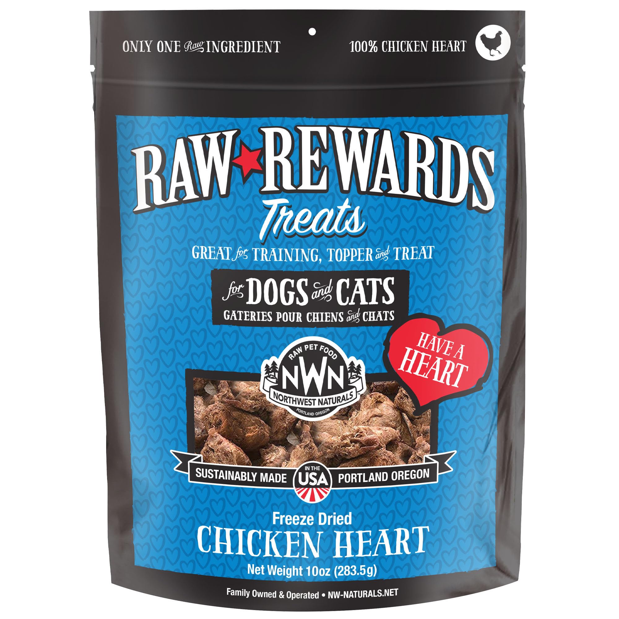 Northwest Naturals freeze-dried chicken heart front shows a simple, single-ingredient treat for training